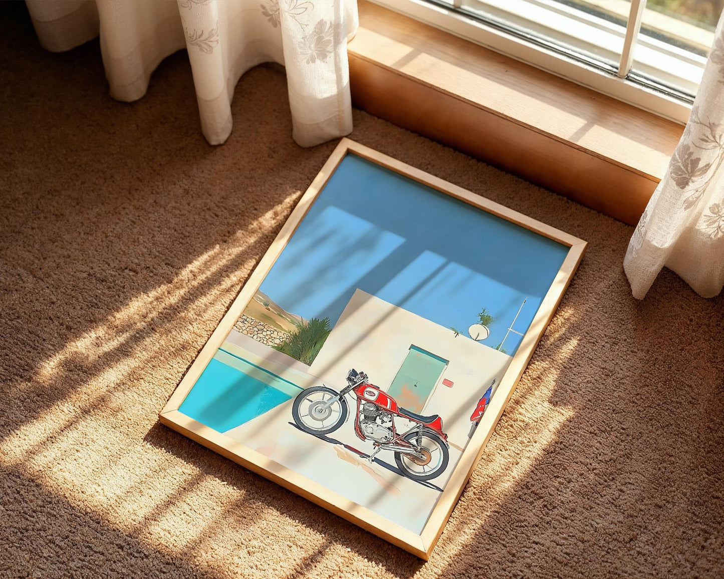 Modern Escape – Vintage Motorbike Poolside Wall Art Print