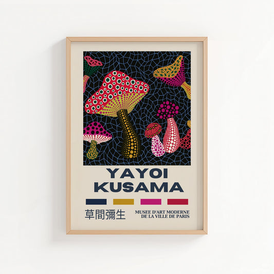 Yayoi Kusama Colourful Mushroom Field | Retro Exhibition Style Japanese Art Print