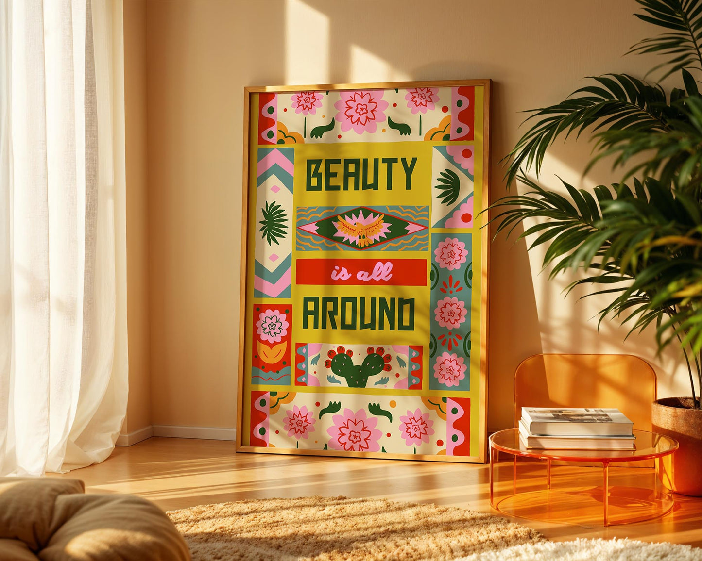 Beauty Is All Around – Colourful Folk Art Typography Print