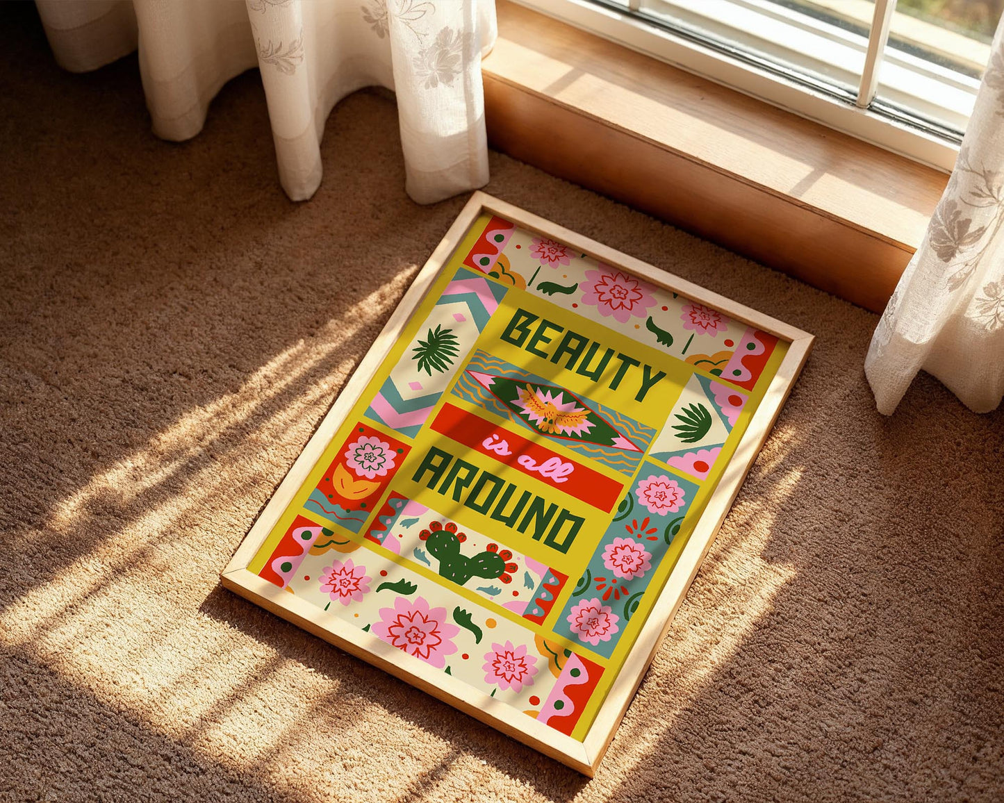 Beauty Is All Around – Colourful Folk Art Typography Print