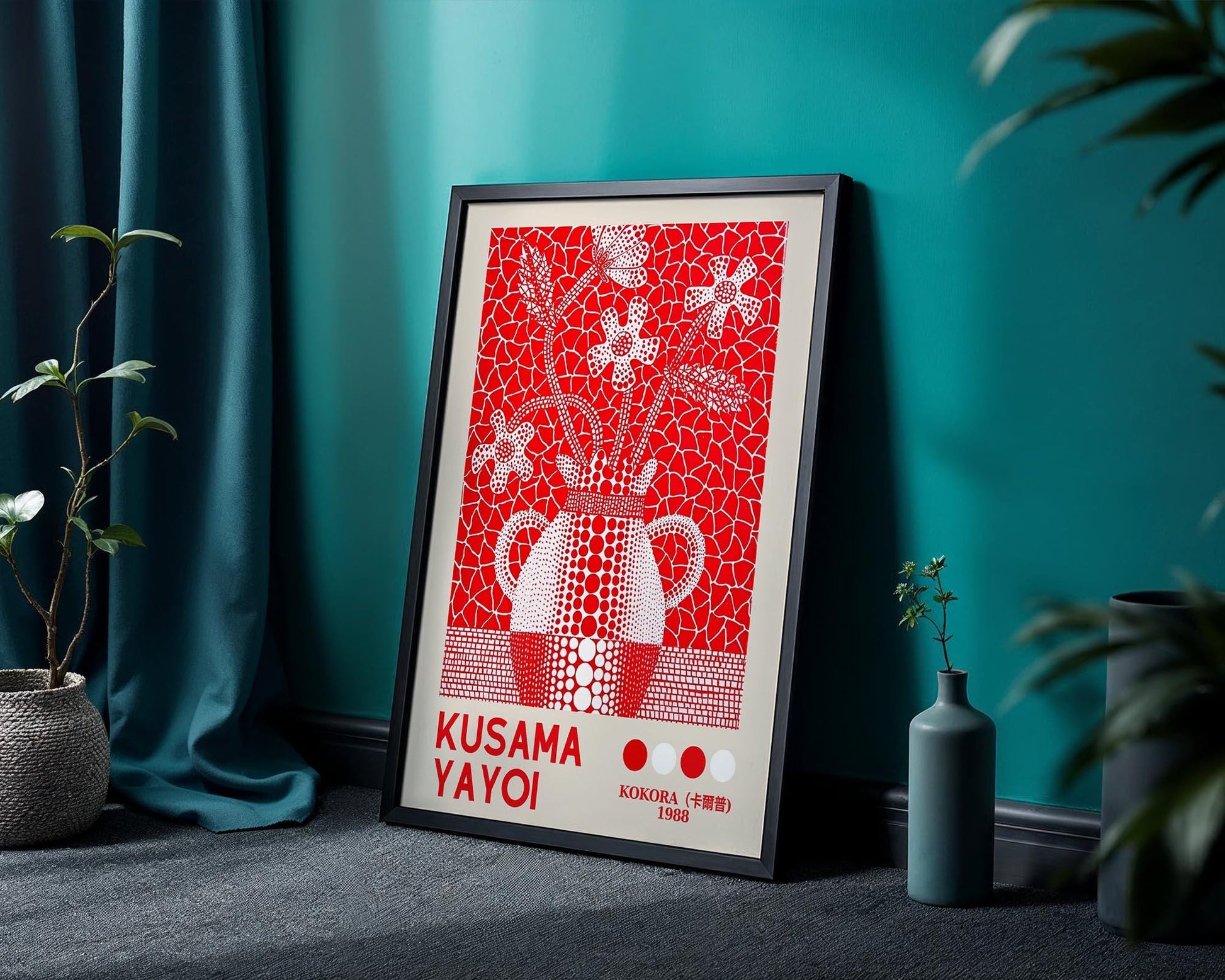 Yayoi Kusama Red Floral Vase, Japanese Retro Exhibition Style Print