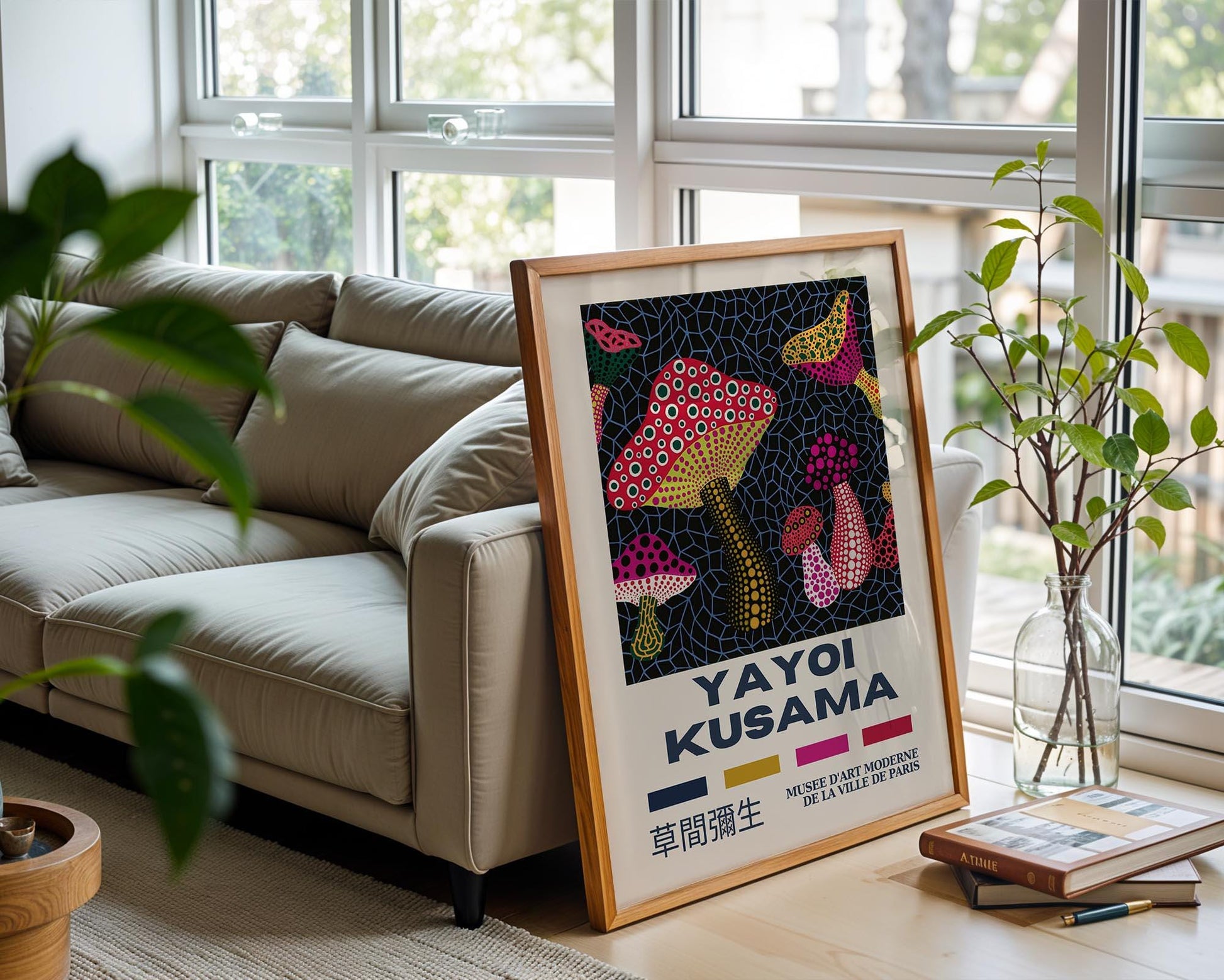 Yayoi Kusama Colourful Mushroom Field – Retro Exhibition Style Japanese Art Print