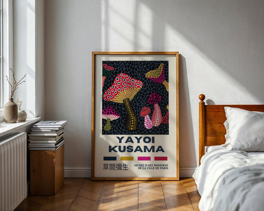 Yayoi Kusama Colourful Mushroom Field – Retro Exhibition Style Japanese Art Print