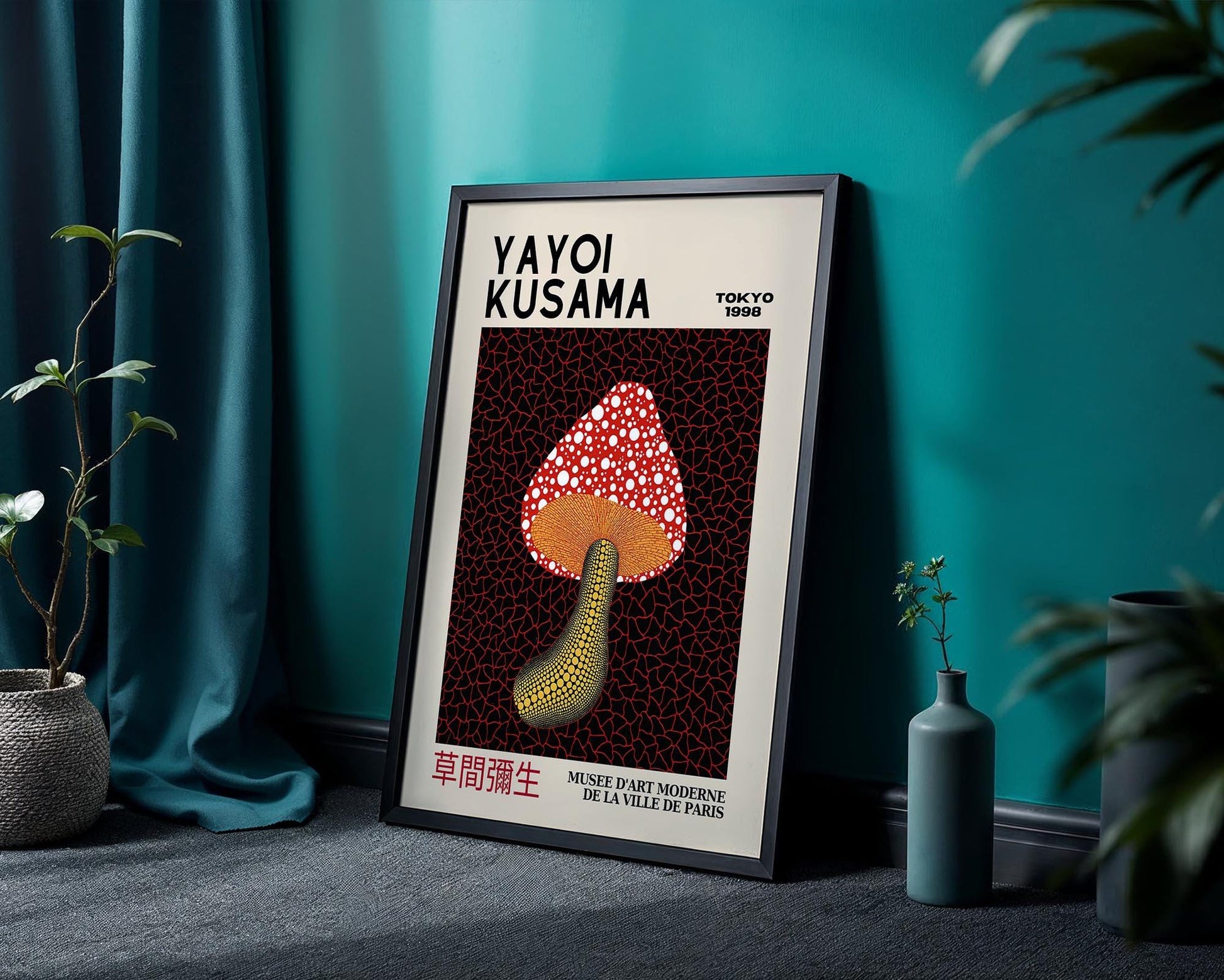 Yayoi Kusama Polka Dot Mushroom – Retro Exhibition Style Japanese Art Print Home Décor Wall Art Poster
