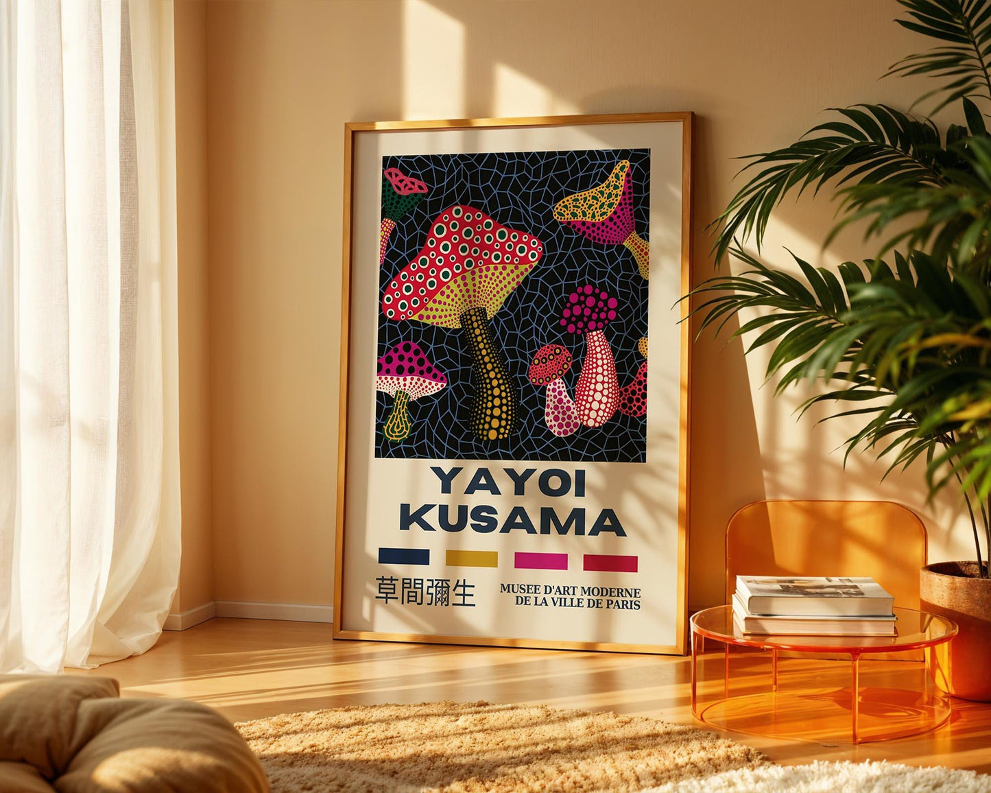Yayoi Kusama Colourful Mushroom Field – Retro Exhibition Style Japanese Art Print