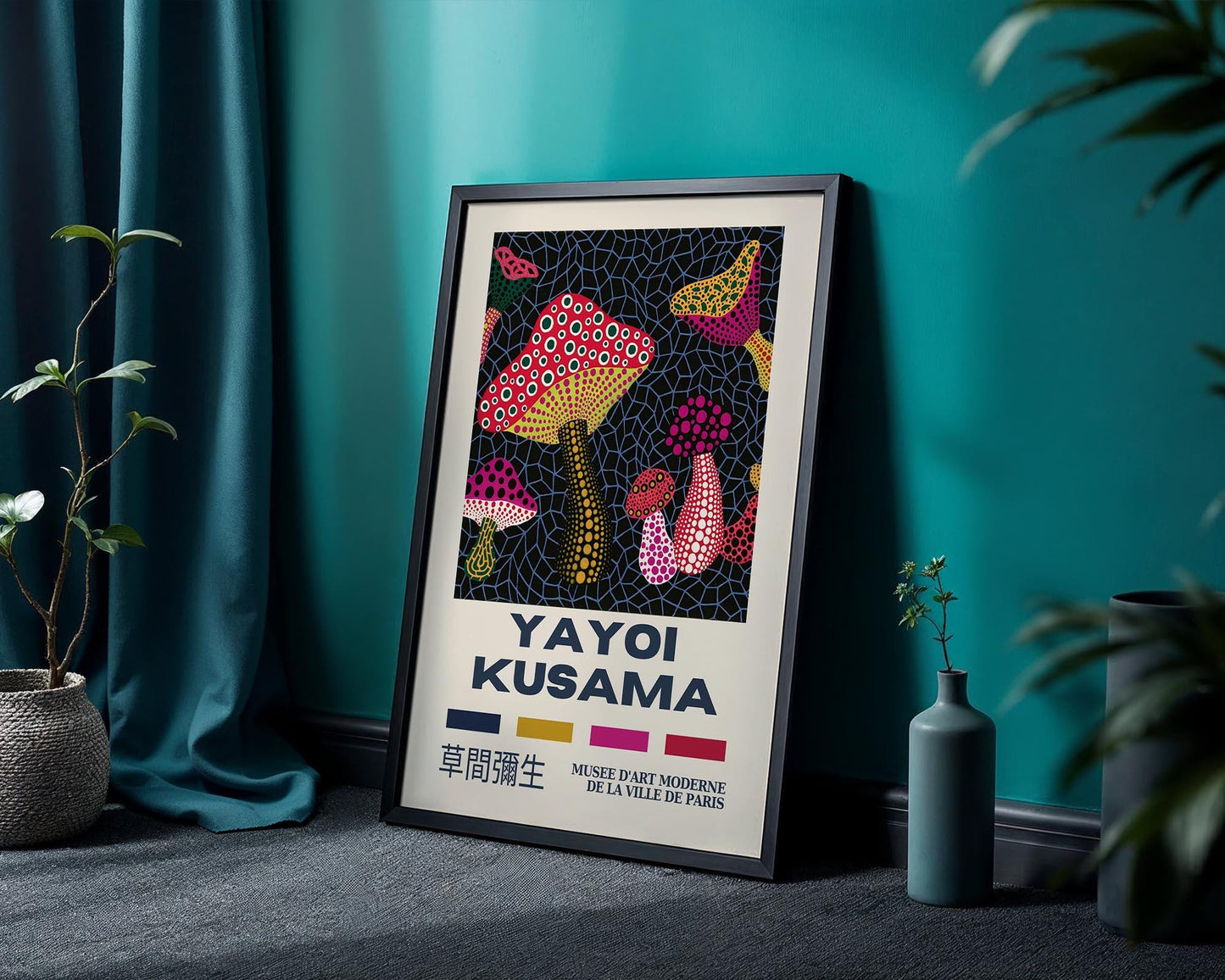Yayoi Kusama Colourful Mushroom Field – Retro Exhibition Style Japanese Art Print