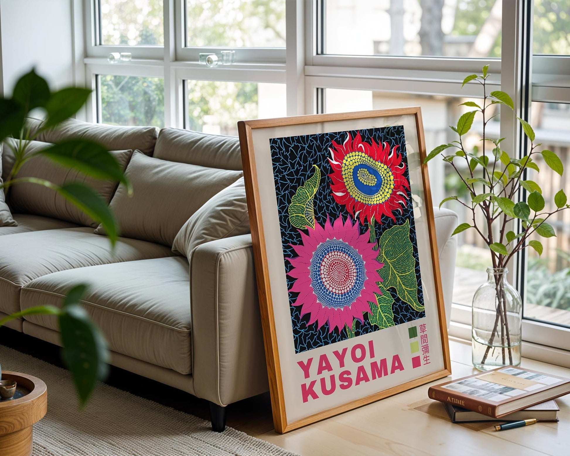 Yayoi Kusama Sunflower Blooms – Retro Exhibition Style Japanese Art Print