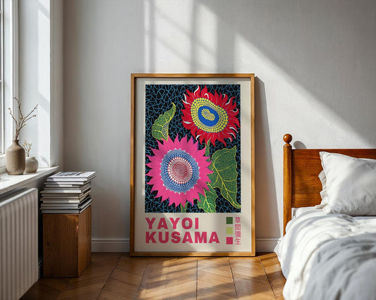 Yayoi Kusama Sunflower Blooms – Retro Exhibition Style Japanese Art Print