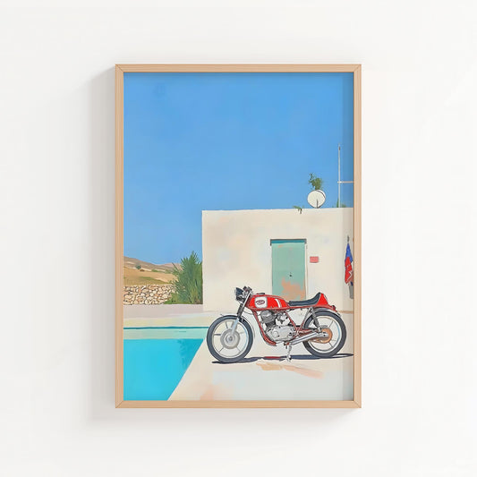 Modern Escape – Vintage Motorbike Poolside Wall Art Print