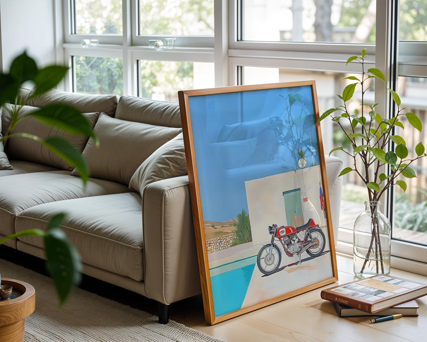 Modern Escape – Vintage Motorbike Poolside Wall Art Print