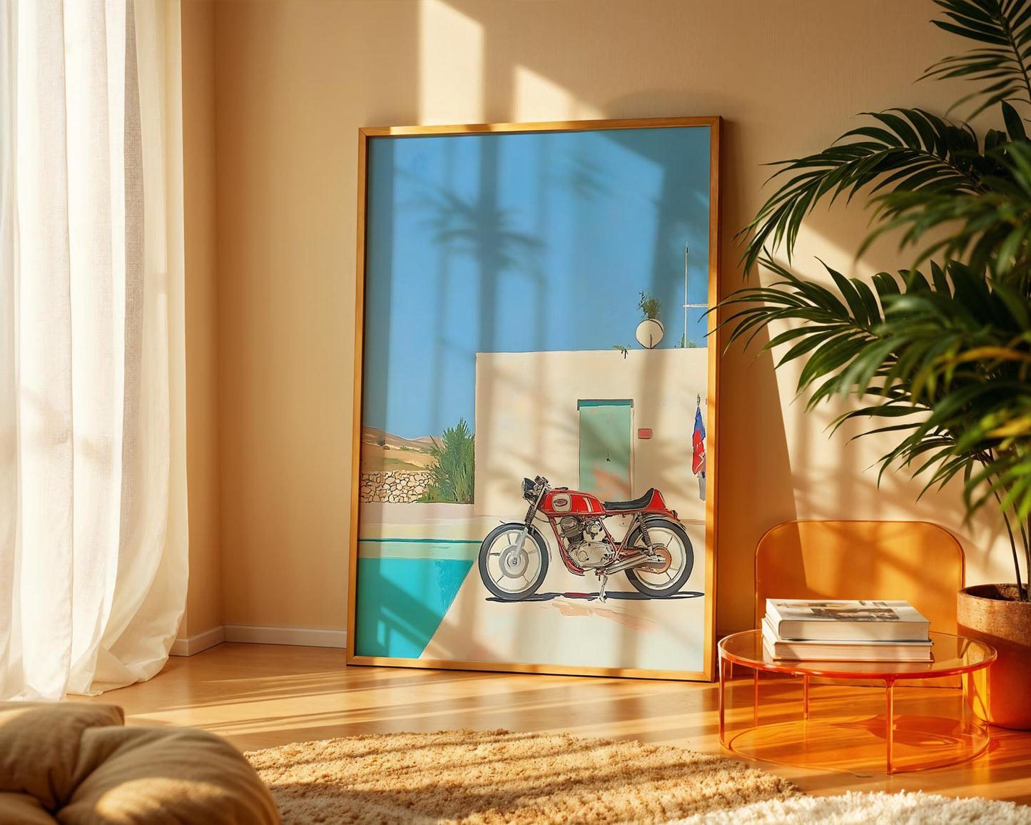 Modern Escape – Vintage Motorbike Poolside Wall Art Print