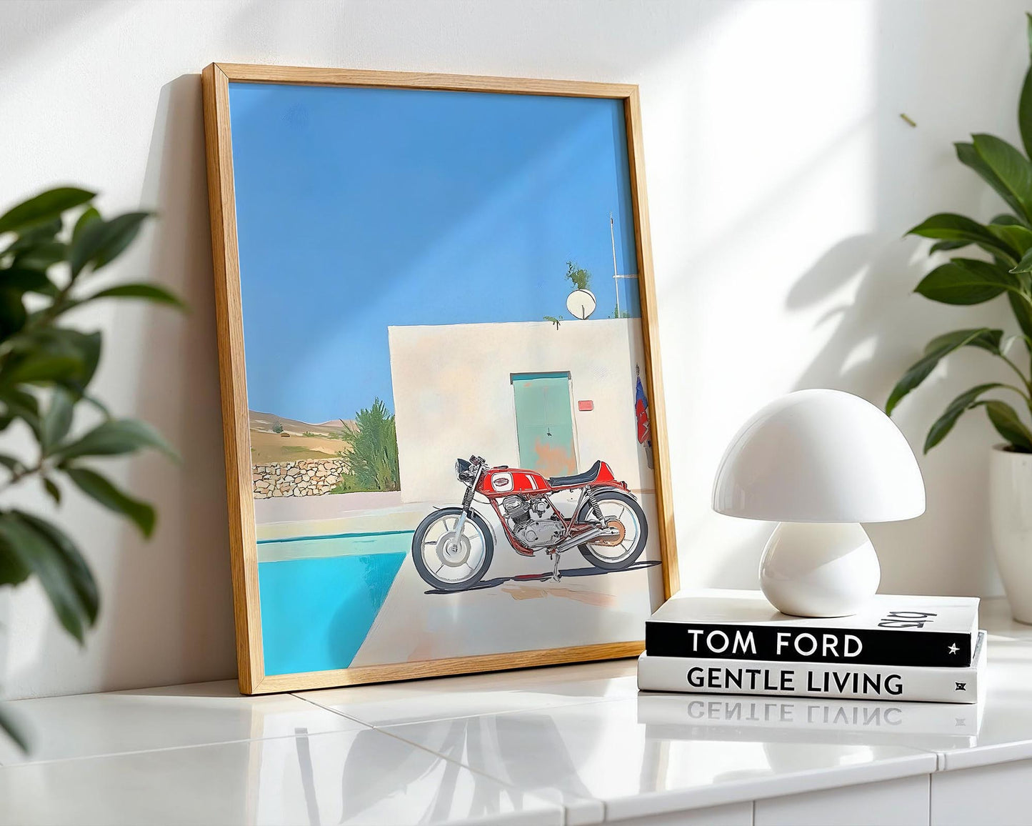 Modern Escape – Vintage Motorbike Poolside Wall Art Print