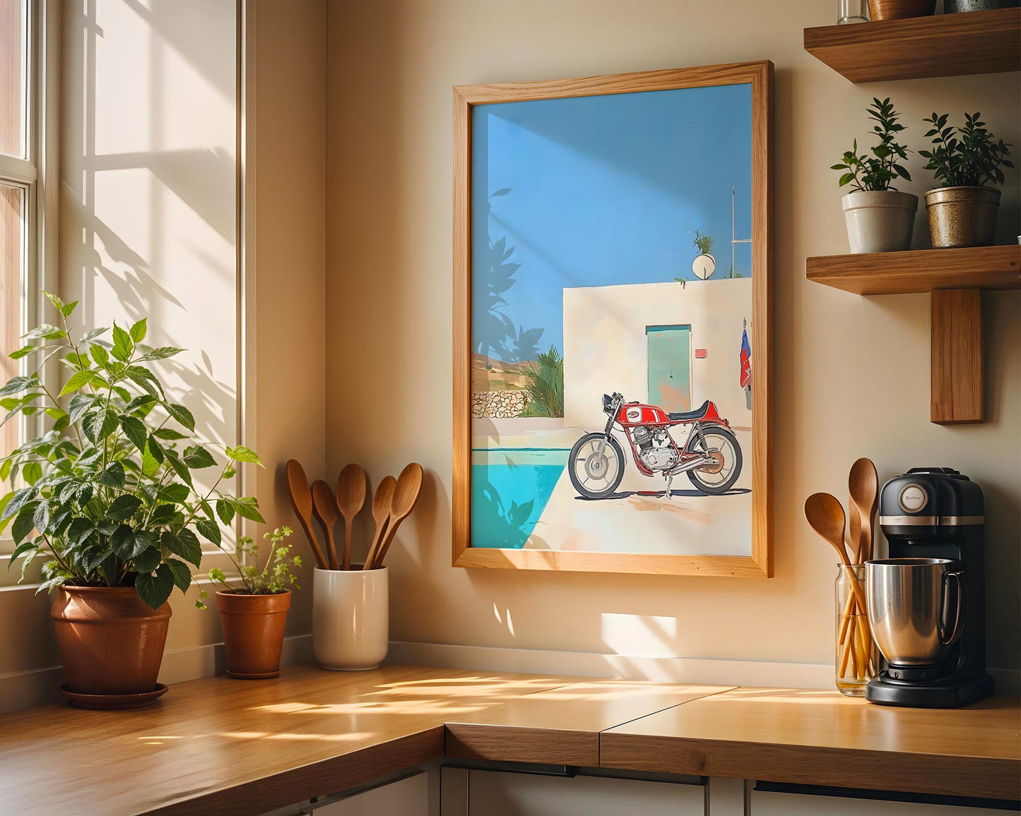 Modern Escape – Vintage Motorbike Poolside Wall Art Print
