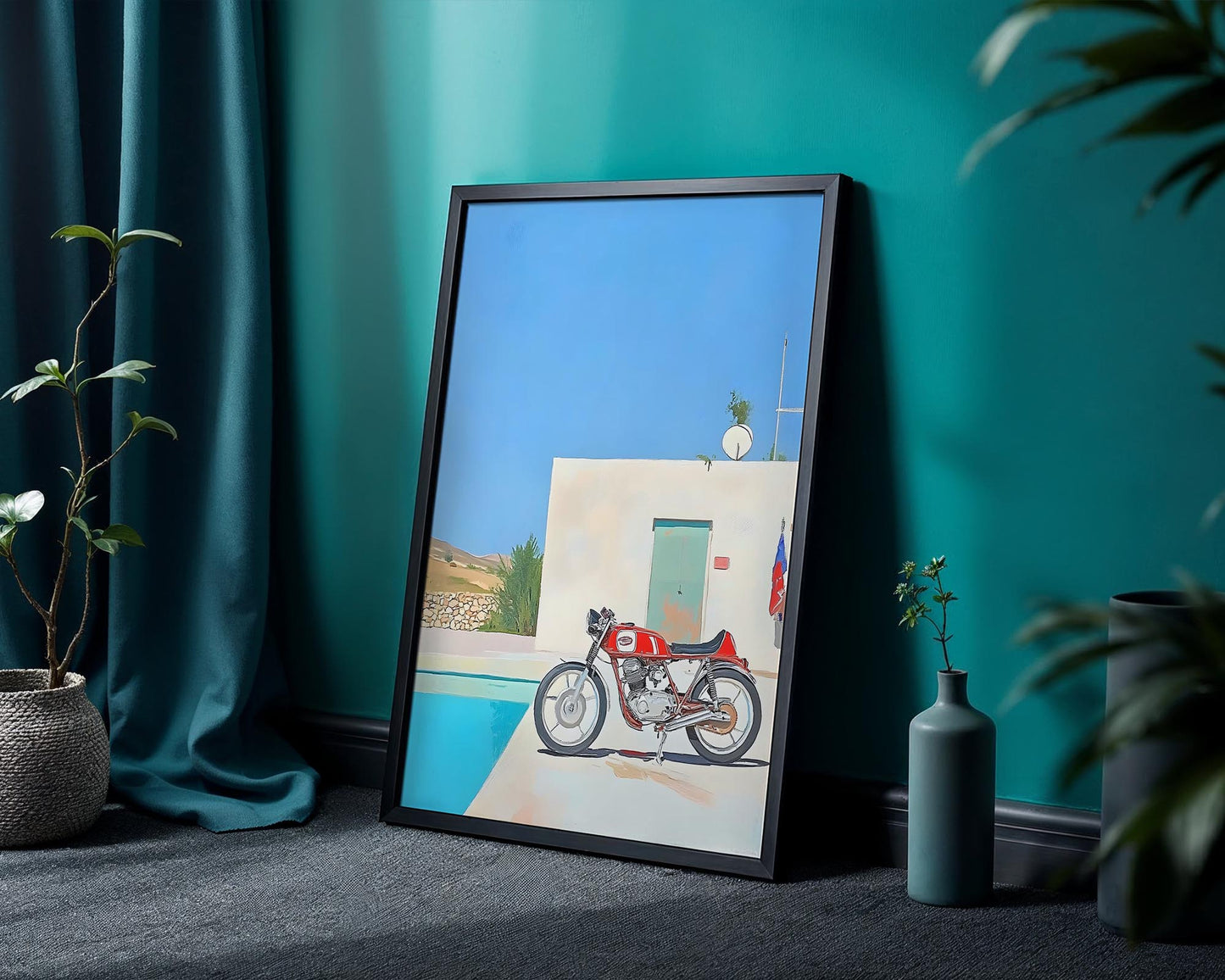 Modern Escape – Vintage Motorbike Poolside Wall Art Print