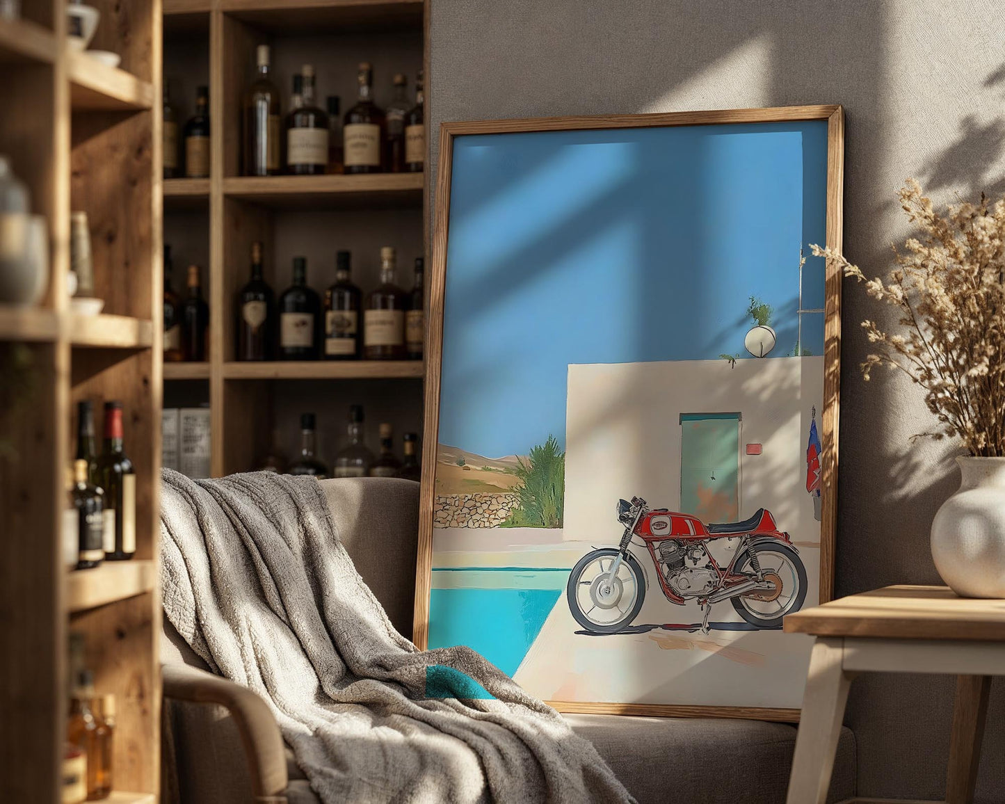 Modern Escape – Vintage Motorbike Poolside Wall Art Print