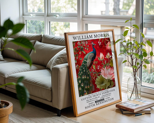 Red Peacock - William Morris Inspired Botanical Bird Art Print