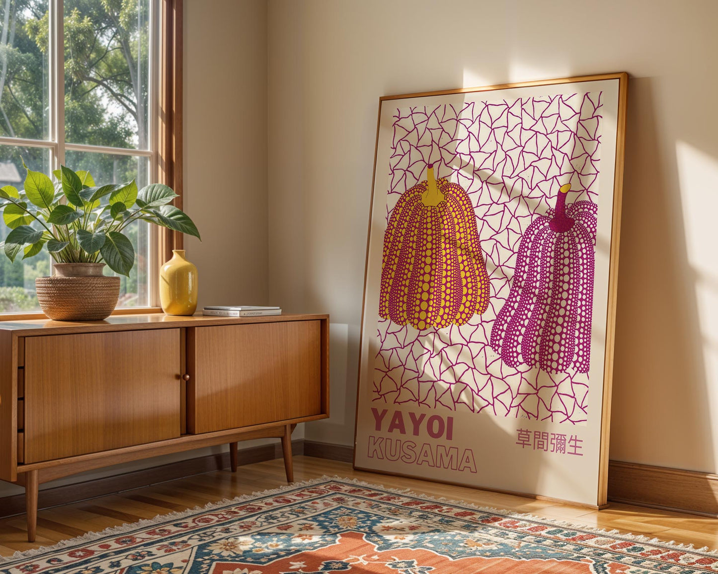 Yayoi Kusama Double Pumpkin Exhibition Poster | Pink & Yellow Japanese Contemporary Art Print
