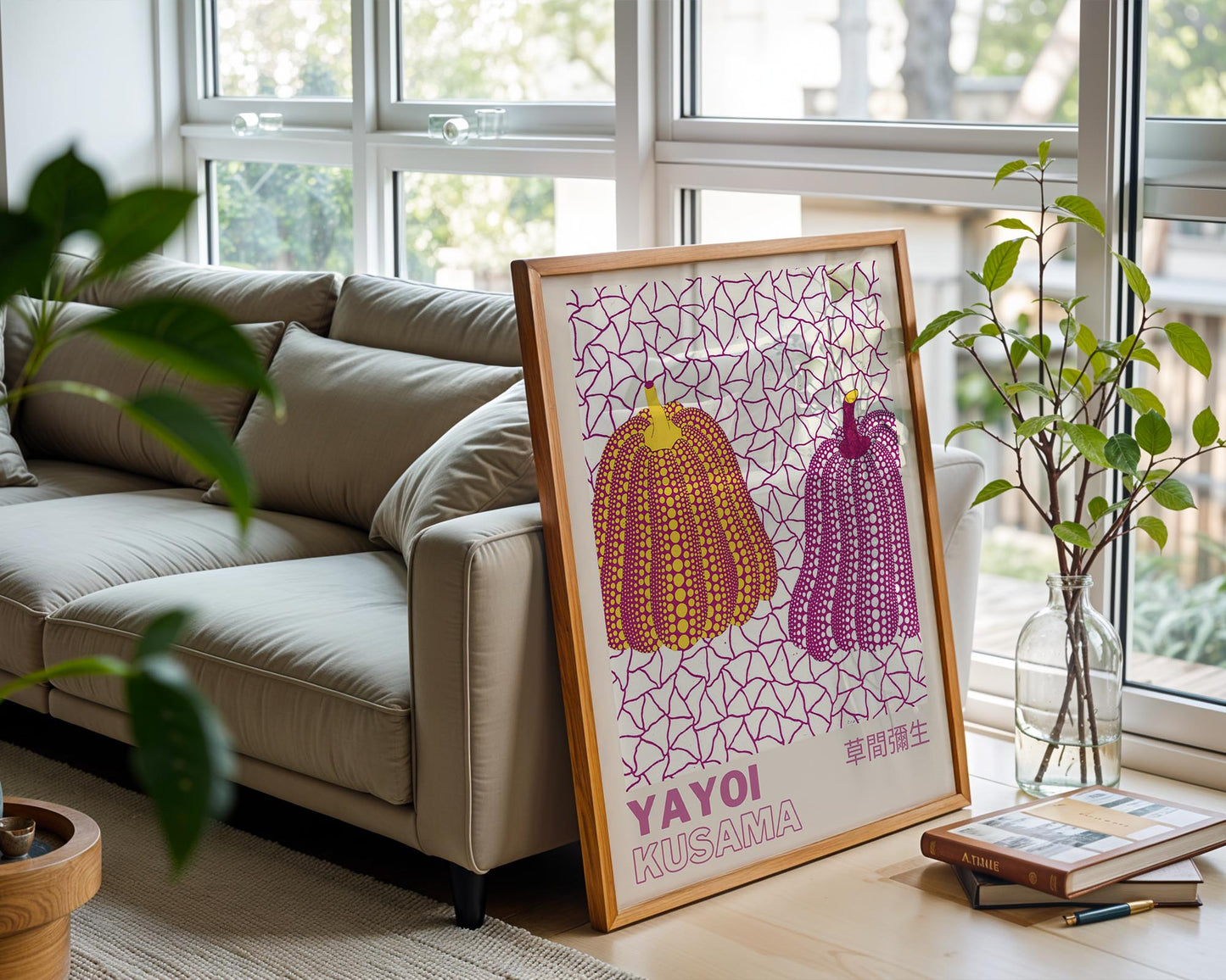 Yayoi Kusama Double Pumpkin Exhibition Poster | Pink & Yellow Japanese Contemporary Art Print
