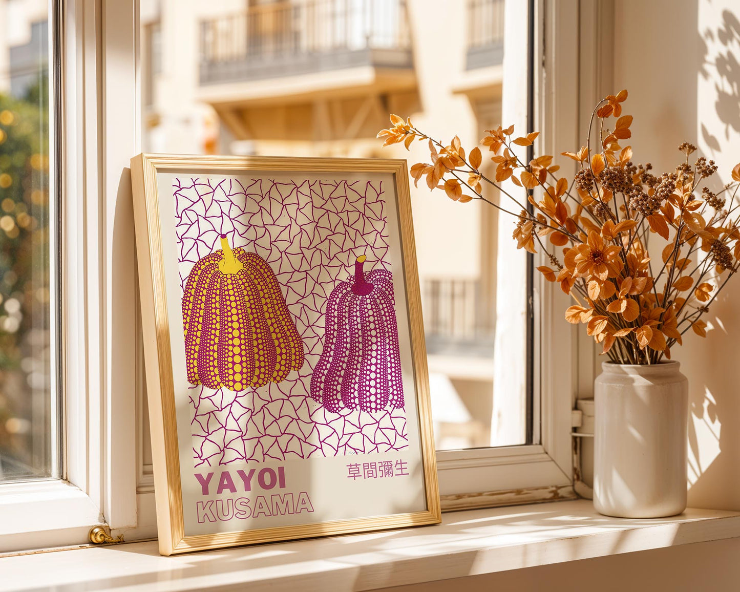 Yayoi Kusama Double Pumpkin Exhibition Poster | Pink & Yellow Japanese Contemporary Art Print