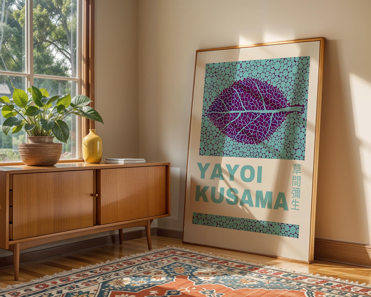 Yayoi Kusama Leaf Exhibition Poster | Teal & Purple Japanese Contemporary Art Print