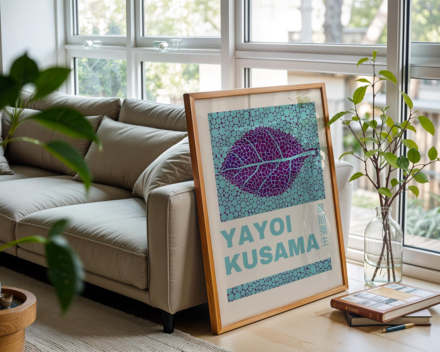 Yayoi Kusama Leaf Exhibition Poster | Teal & Purple Japanese Contemporary Art Print