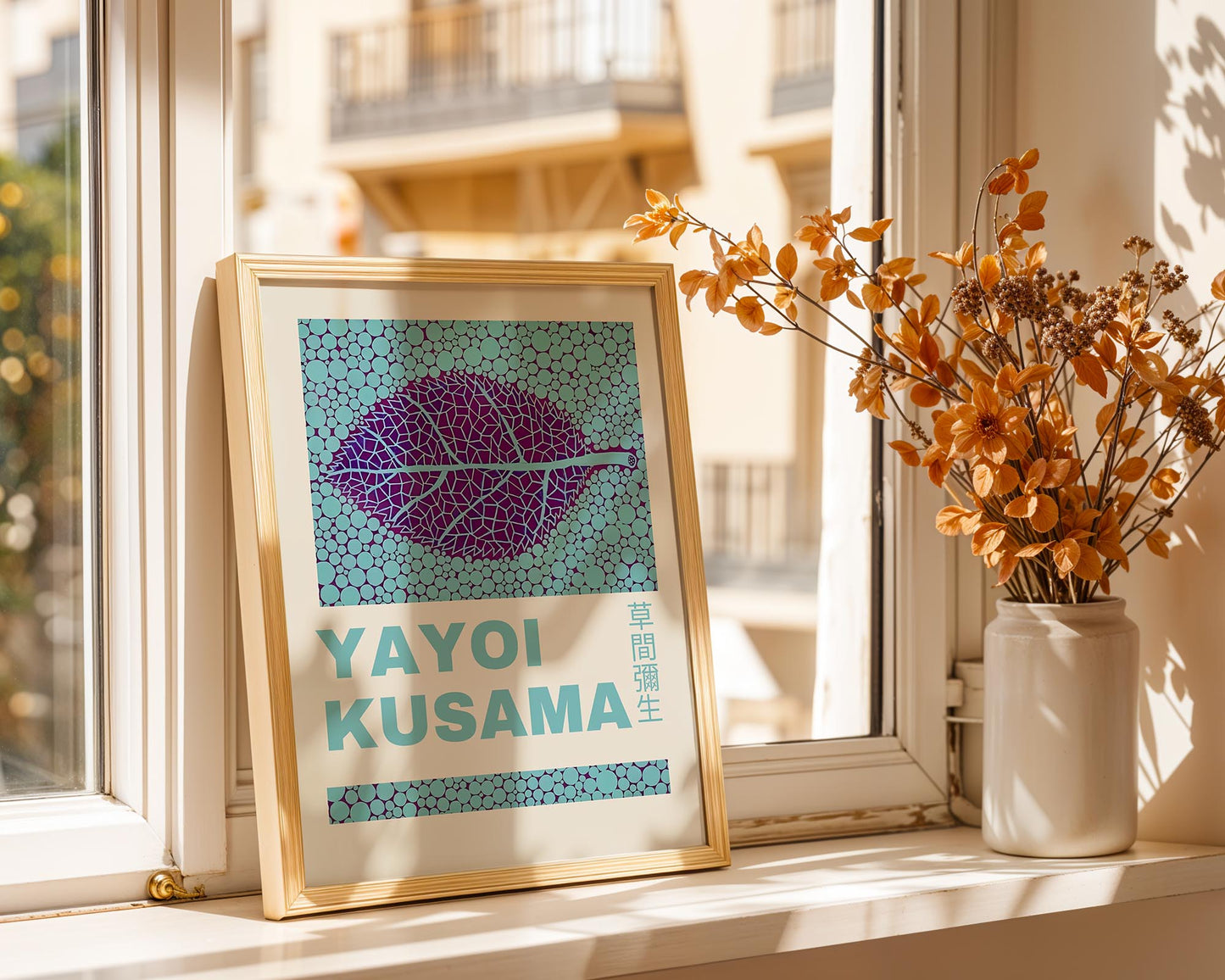 Yayoi Kusama Leaf Exhibition Poster | Teal & Purple Japanese Contemporary Art Print