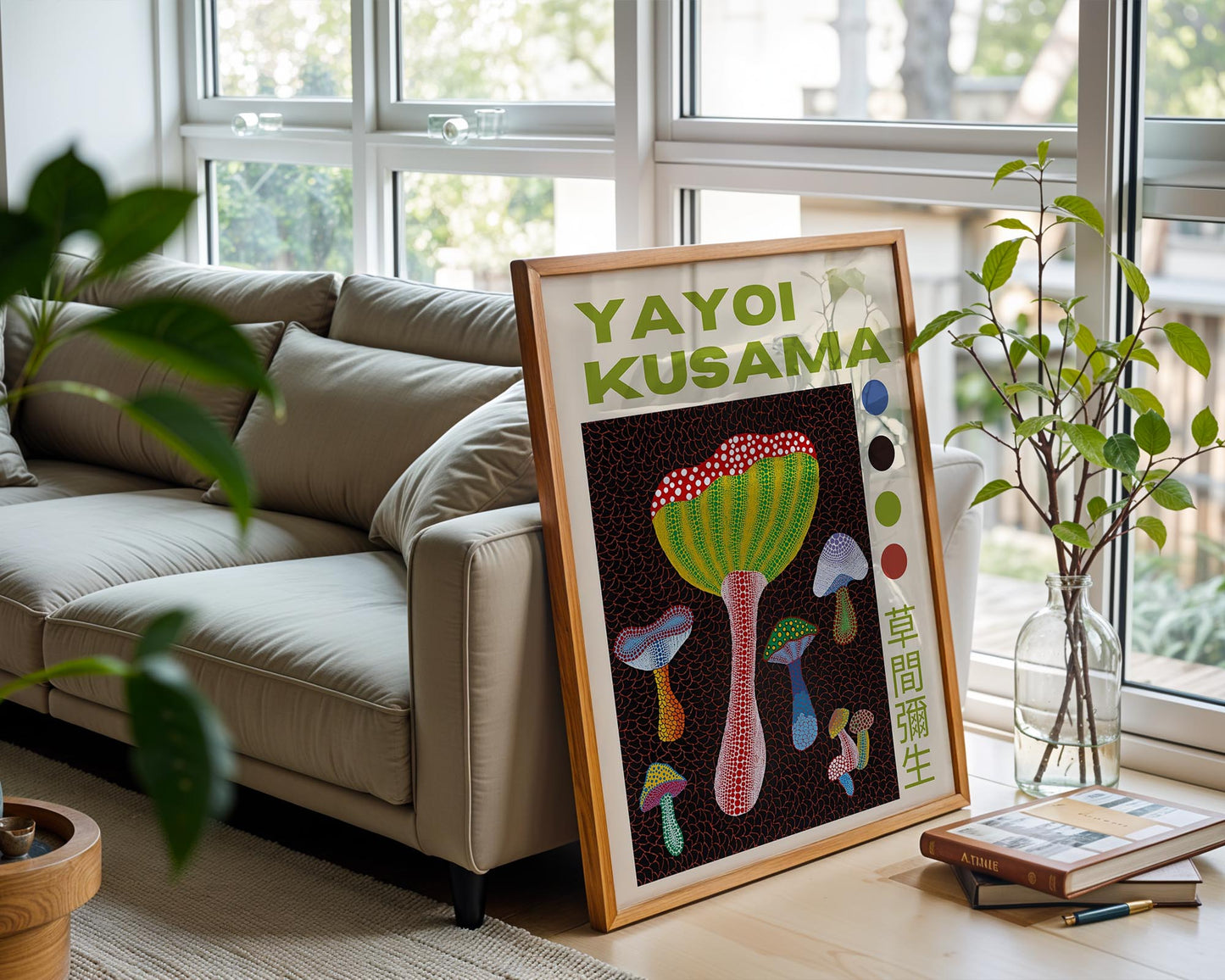 Yayoi Kusama Mushroom Garden Exhibition Poster | Japanese Contemporary Art Print | Green, Red & Black Wall Art